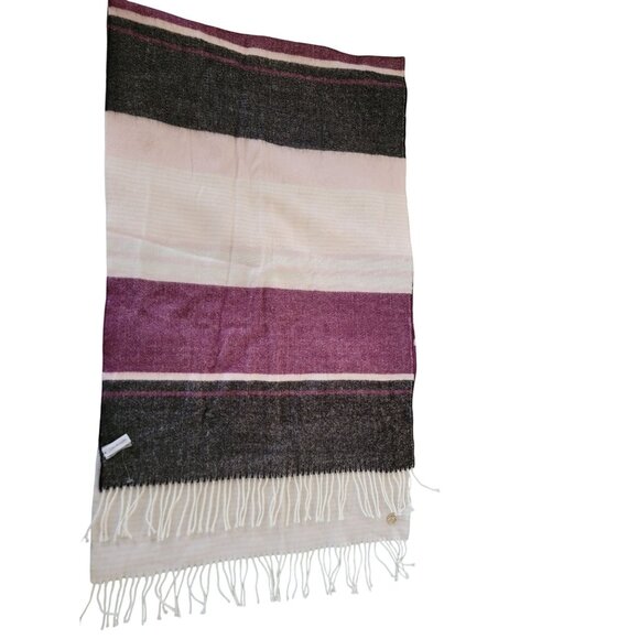 Calvin Klein Striped Acrylic Scarf With Fringe Detail In Plum Black & White - Picture 3 of 7
